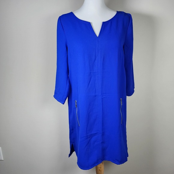 H&M Royal Blue Dress Womens 8‎ Silver Zipper Pockets Classic 3/4 Sleeve Y2K 90s - Picture 9 of 16